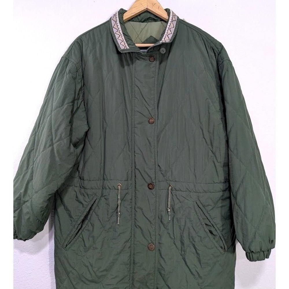 Vintage Olive Green M Quilted Parka Jacket Patterned Collar Drawstring Waist - Picture 2 of 11